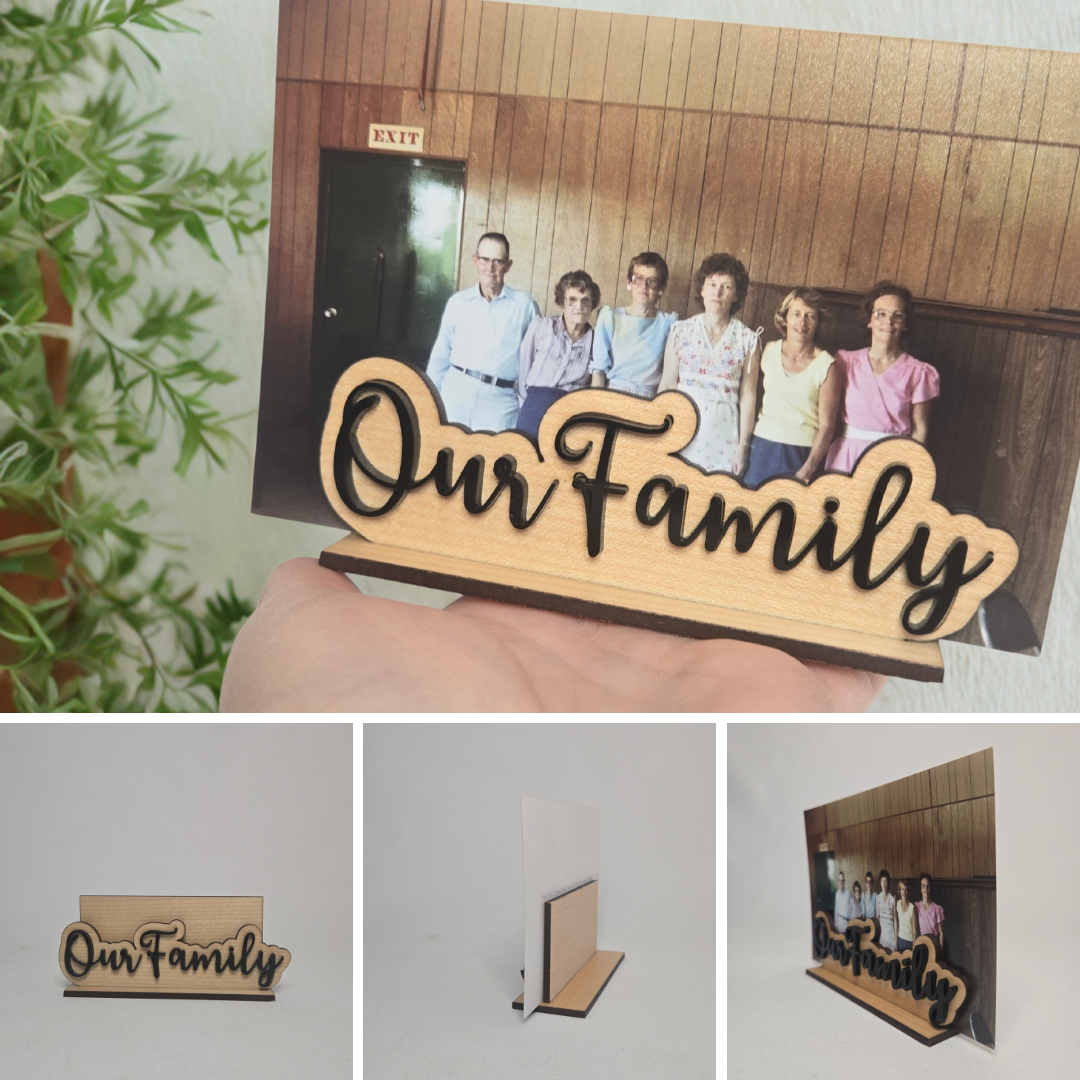 Mini Photo Holder – Custom Laser Cut Caption Stand | Wood or Clear Acrylic