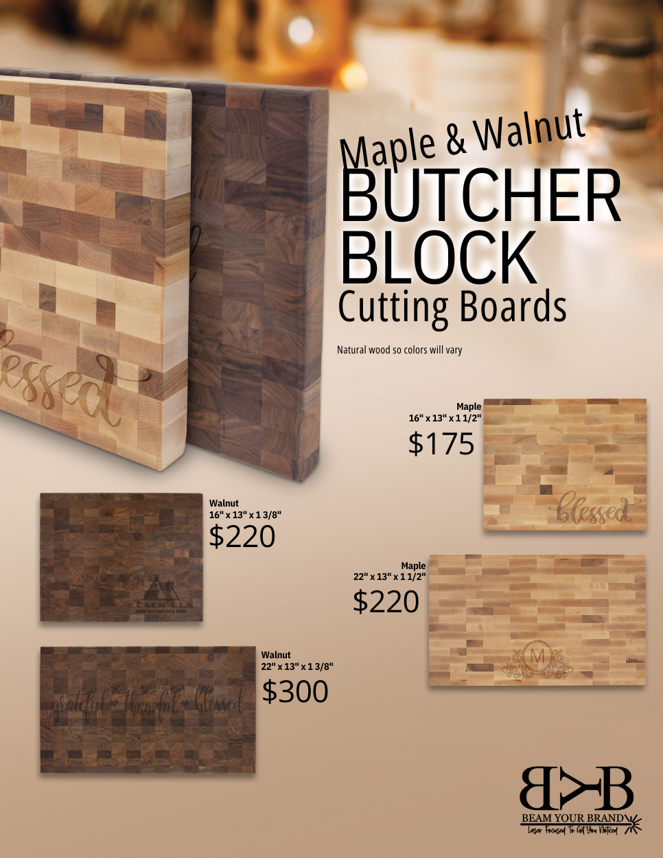 Photo of Maple and Walnut butcher block cuttings boards on a blurred background.