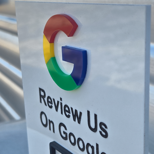 Google Review QR Code Sign with Wood Base | Custom Business Review Display | 5x7 Acrylic Sign (White, Black, Frosted)