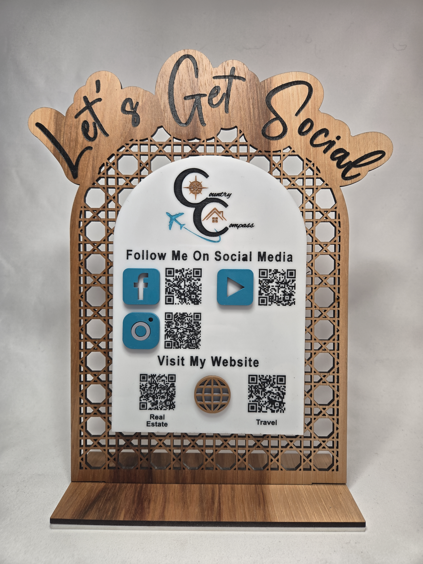 Custom “Let’s Get Social” QR Code Sign – Wood & Acrylic Business Display
