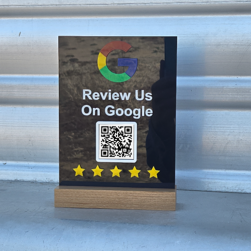 Google Review QR Code Sign with Wood Base | Custom Business Review Display | 5x7 Acrylic Sign (White, Black, Frosted)