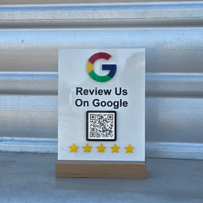Google Review QR Code Sign with Wood Base | Custom Business Review Display | 5x7 Acrylic Sign (White, Black, Frosted)