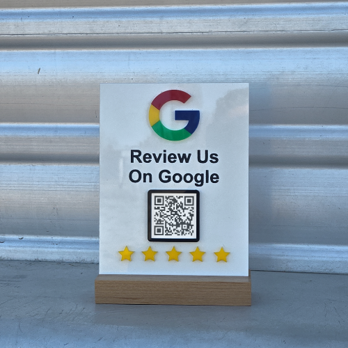 Google Review QR Code Sign with Wood Base | Custom Business Review Display | 5x7 Acrylic Sign (White, Black, Frosted)