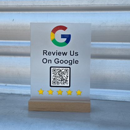 Google Review QR Code Sign with Wood Base | Custom Business Review Display | 5x7 Acrylic Sign (White, Black, Frosted)