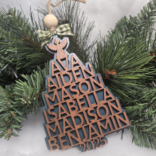 Personalized Family Name Christmas Tree Ornament – Custom Layered Wood Keepsake