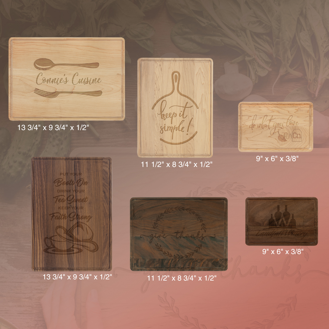 Set of wooden signs with engraved text and dimensions on a rustic background