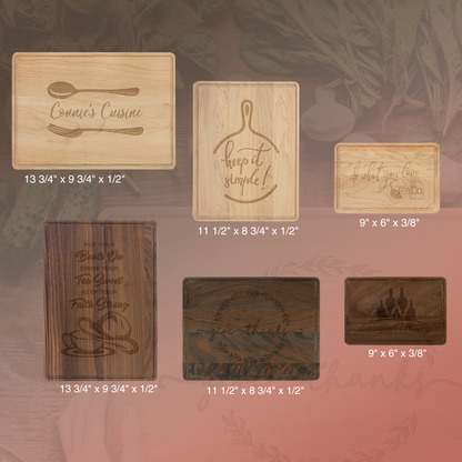 Set of wooden signs with engraved text and dimensions on a rustic background