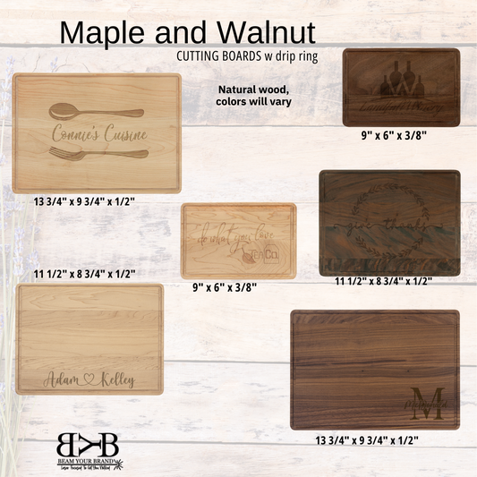 Walnut and Maple Cuttings Boards With Drip Rings