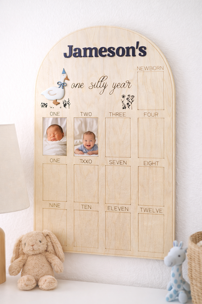 Silly Goose “One Silly Year” Birthday Photo Board | Personalized Baby Milestone Sign
