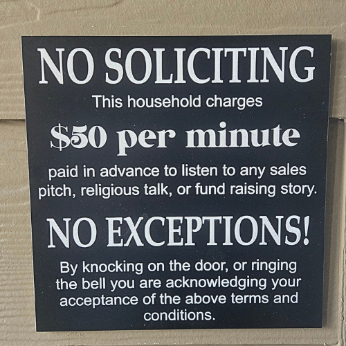 No Soliciting Sign – Funny Custom Engraved "$50 Per Minute" Door Sign