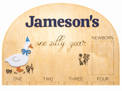 Silly Goose “One Silly Year” Birthday Photo Board | Personalized Baby Milestone Sign