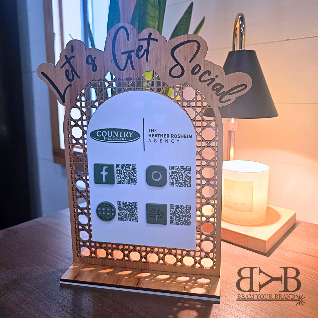 Custom “Let’s Get Social” QR Code Sign – Wood & Acrylic Business Display
